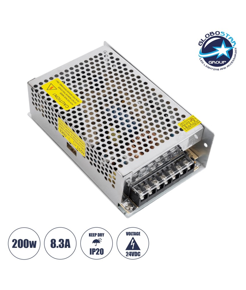 GLOBOSTAR® LUMIVOLT 73045 Τροφοδοτικό-Μετασχηματιστής PELV 200W 8.3A DC 24V IP20 - AC 220-240V σε DC 24V - Ρυθμιζόμενo από DC 22.5V έως DC 25.5V - Μ16 x Π10 x Υ5cm - 3 Χρόνια Εγγύηση